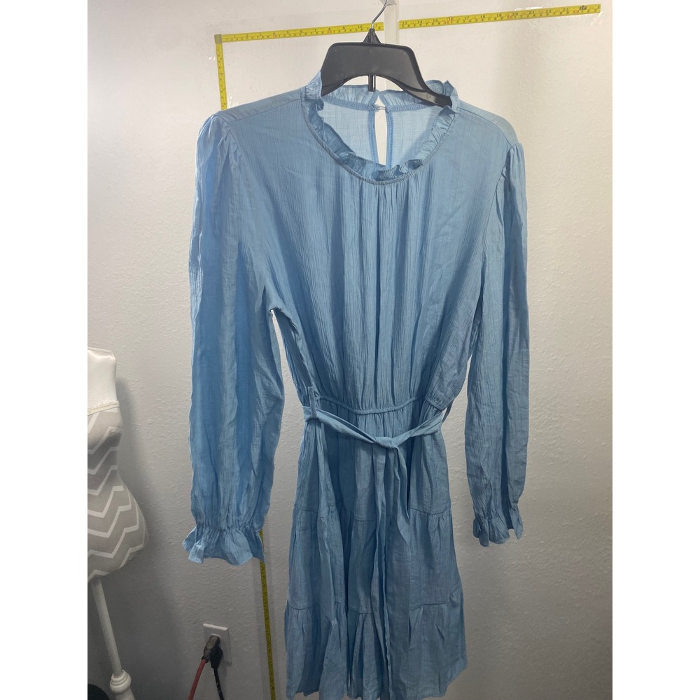 Blue Long Sleeve Ruffle Neck Tiered Mini Dress‎ with Tie Waist Small